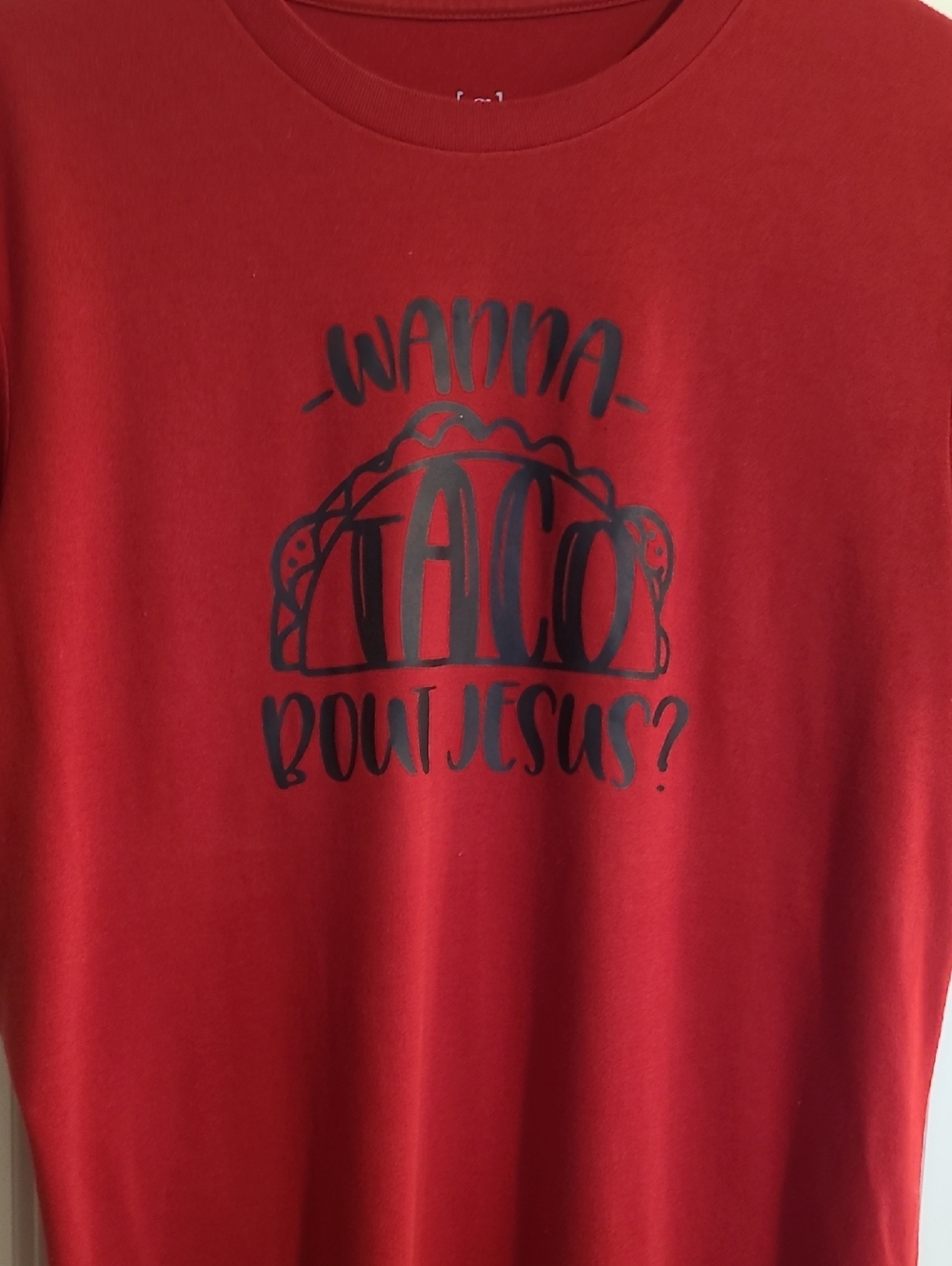 Red Graphic Crewneck T-Shirt - "Wanna Taco 'Bout Jesus?" - Picture 2 of 4
